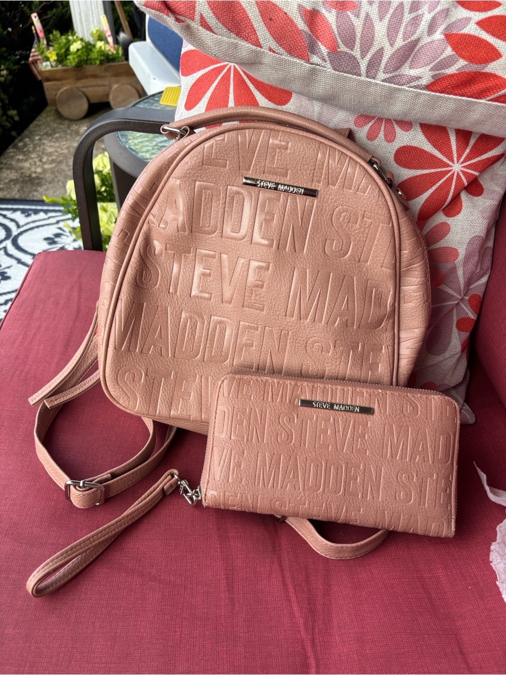 Steve Madden Dusty Pink Embossed Logo Backpack and Wallet Set